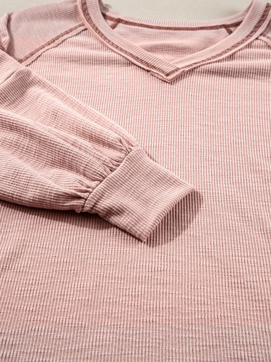 Exposed Seam Ribbed Knit V Neck Top - CELIVINE