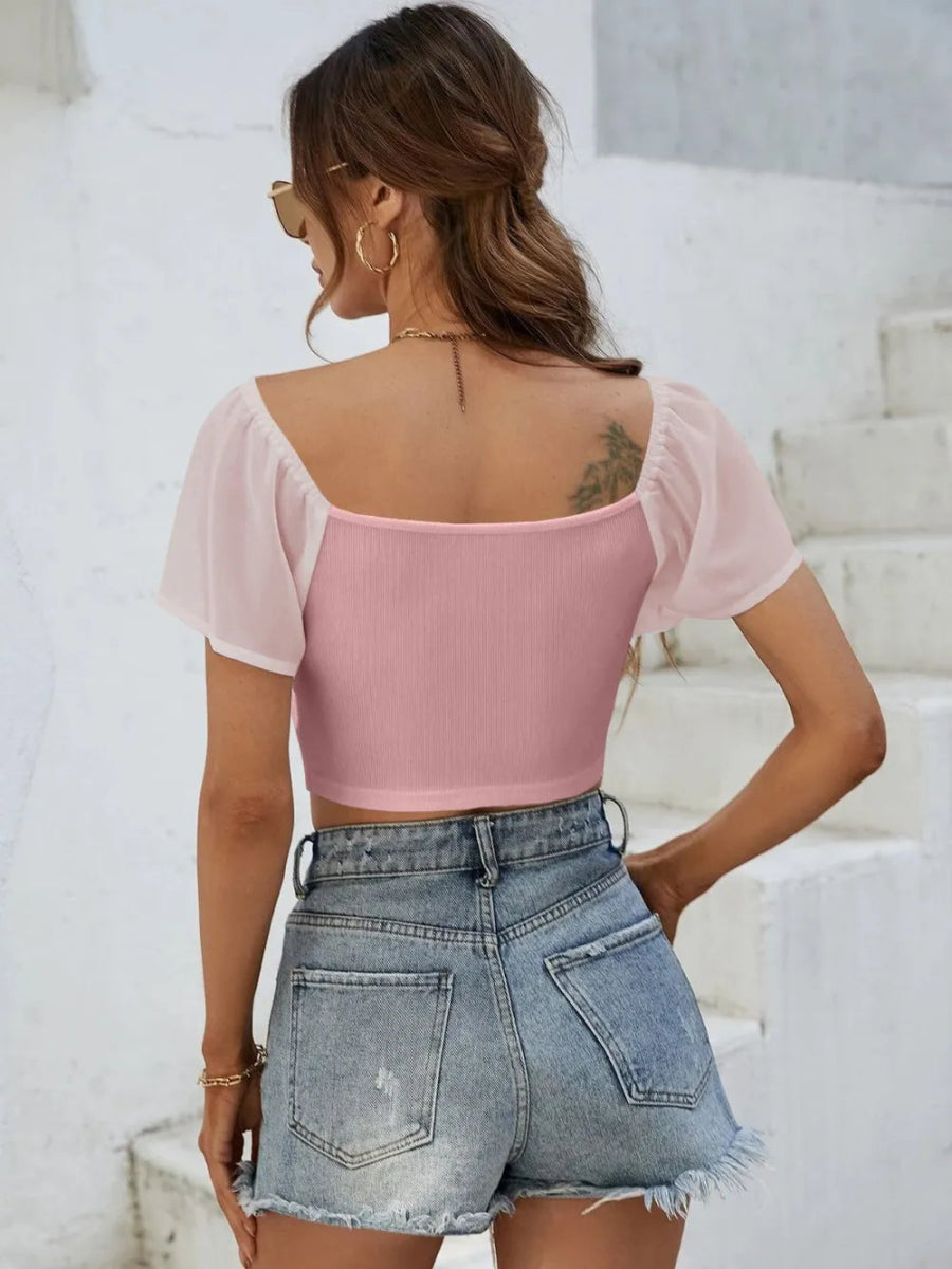 Drawstring Short Sleeve Crop Top - CELIVINE