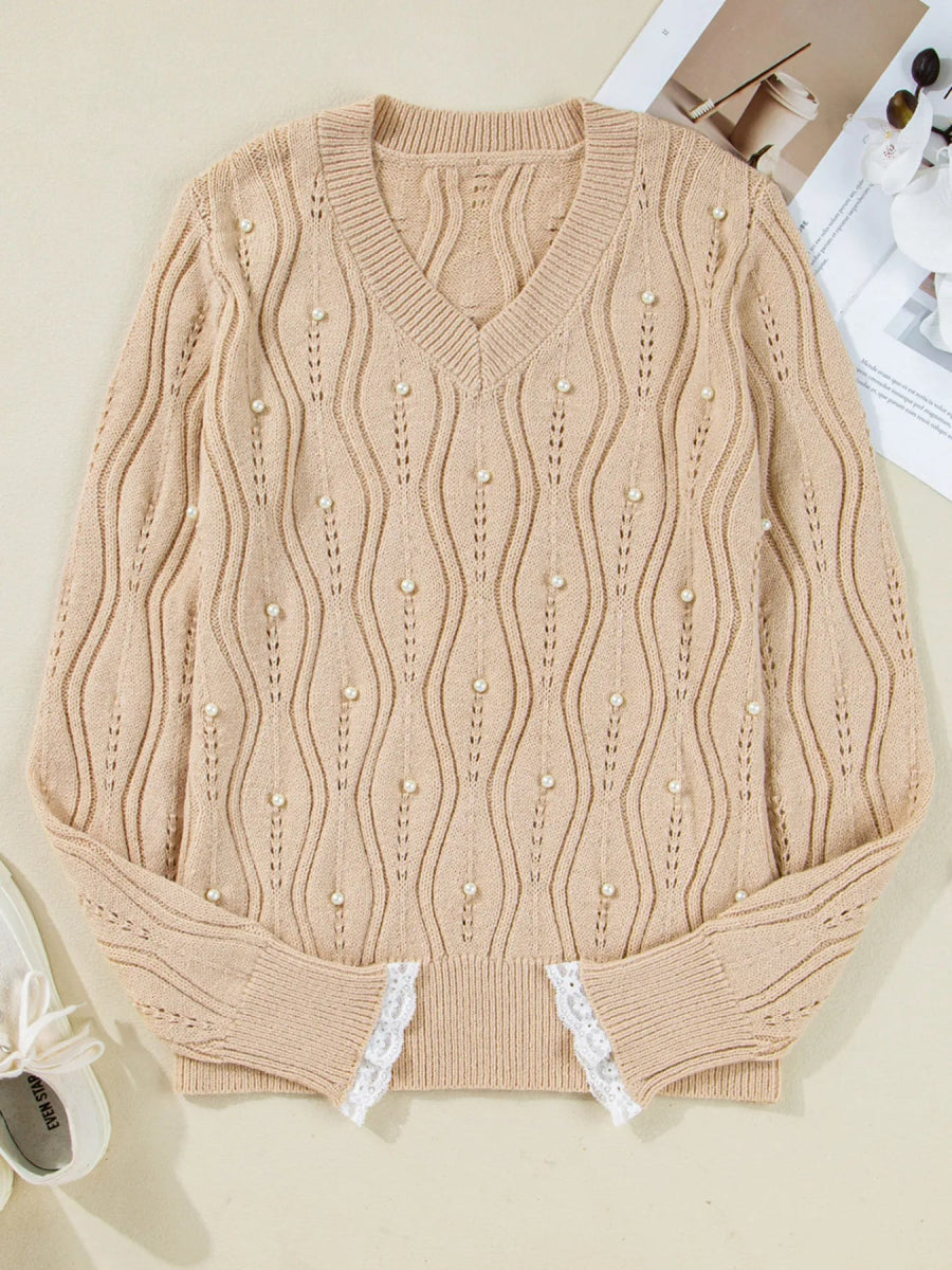 Pearl Beaded Pointelle Knit V Neck Lace Patchwork Sleeve Sweater - CELIVINE