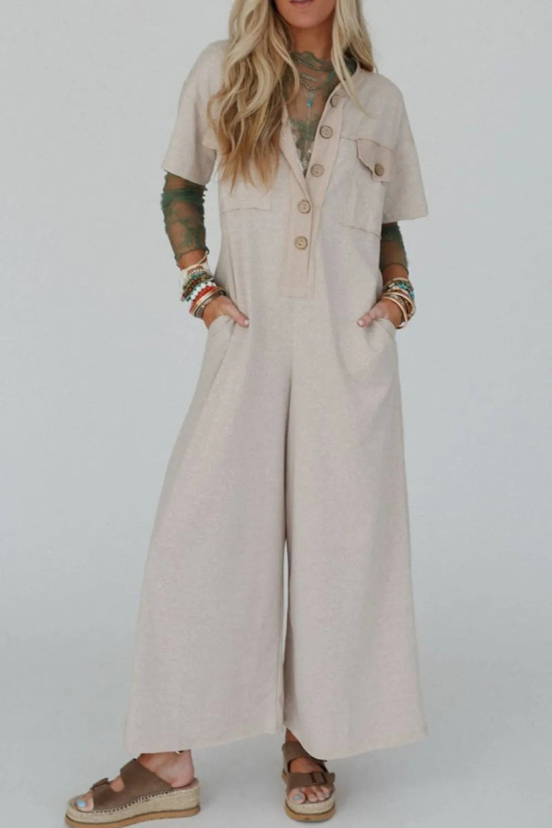 Pocket Front Short Sleeve Wide Leg Jumpsuit - CELIVINE