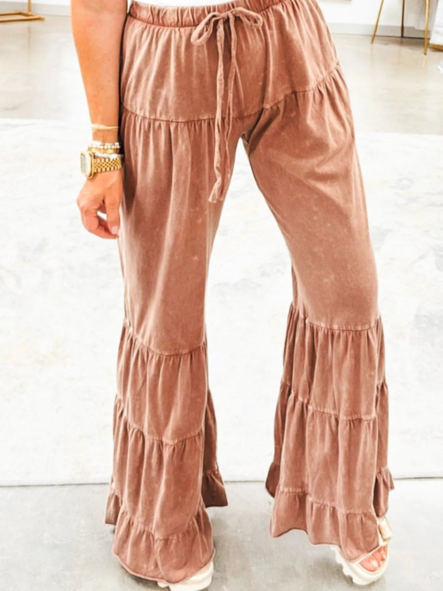 Drawstring Flare Ruffle Pants - CELIVINE