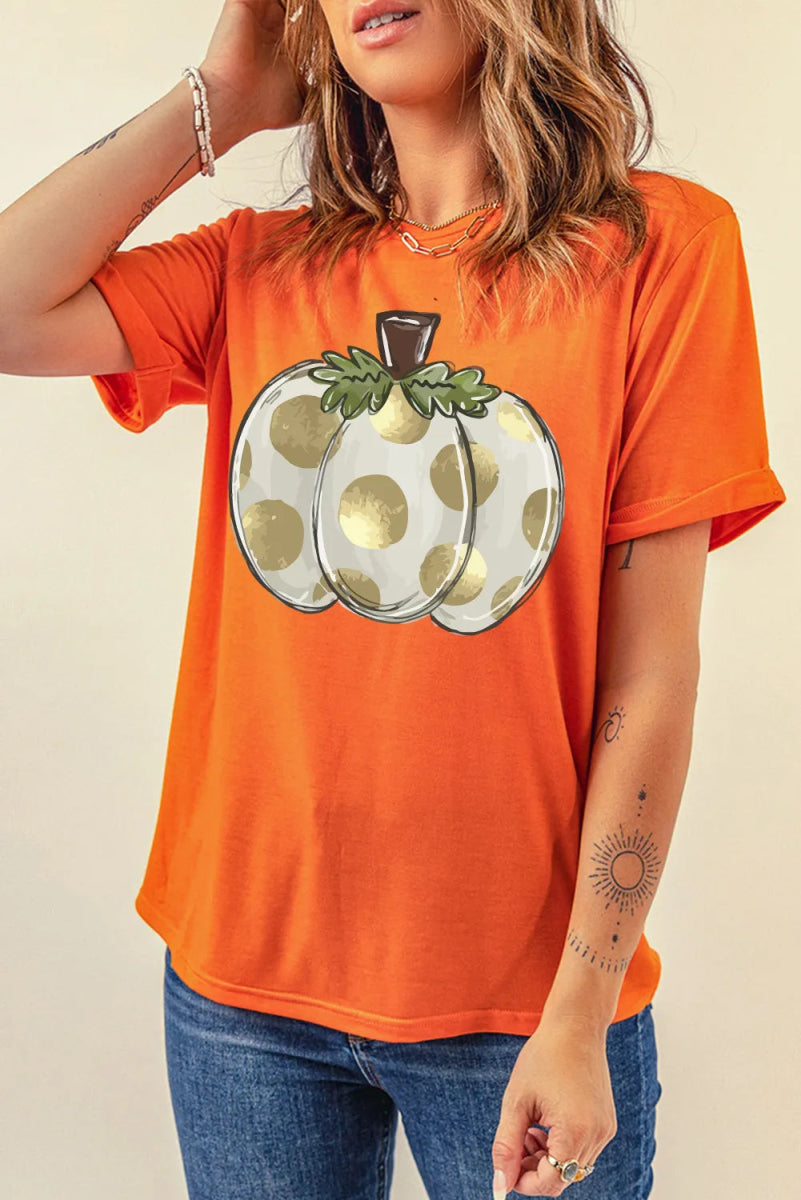 Pumpkin Graphic Round Neck Short Sleeve T-Shirt - CELIVINE