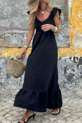 V Neck Ruffled Cap Sleeve Smocked Maxi Dress - CELIVINE