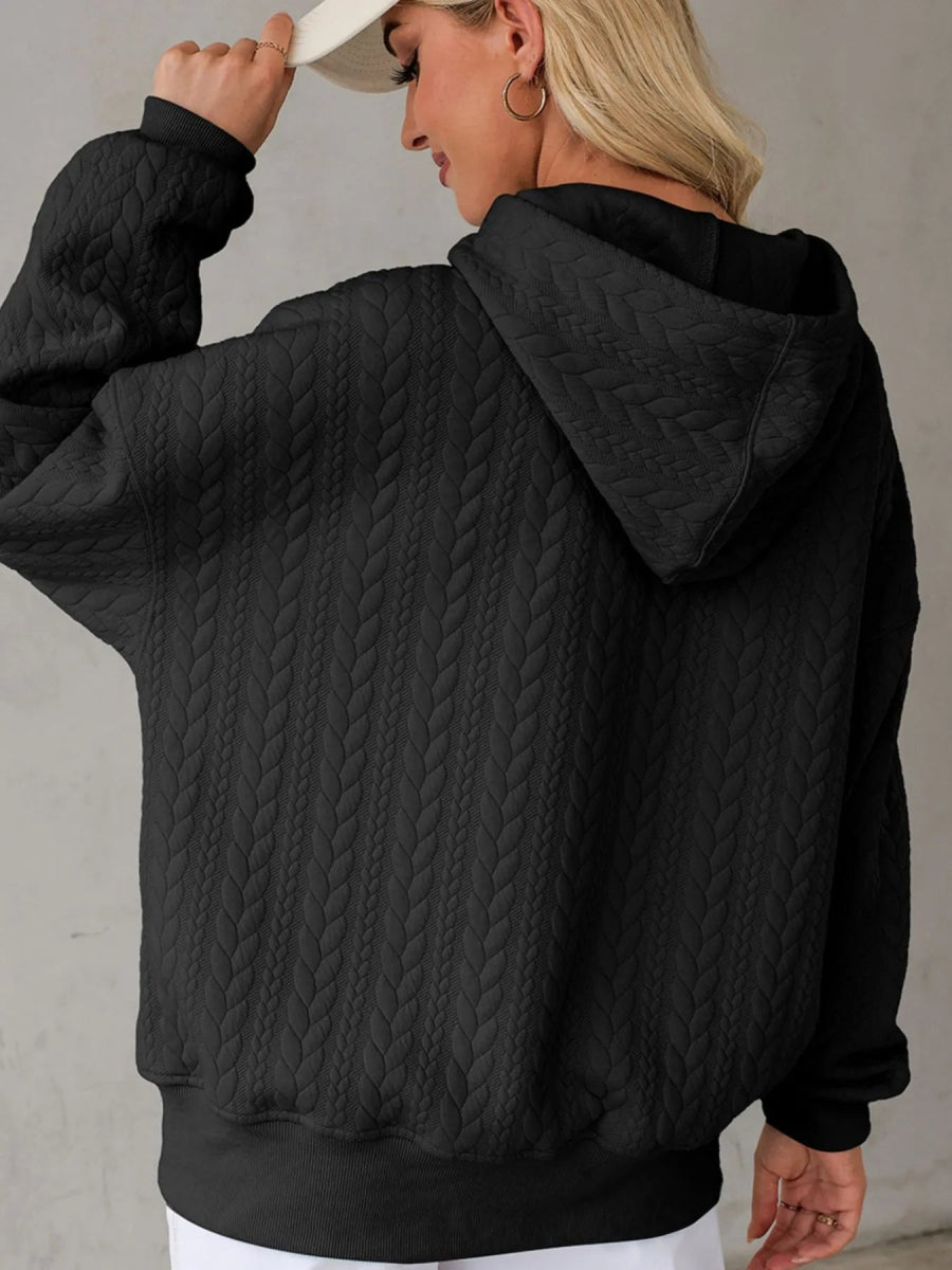 Drawstring Textured Baggy Solid Hoodie - CELIVINE