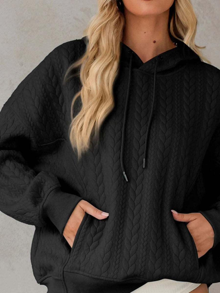 Drawstring Textured Baggy Solid Hoodie - CELIVINE