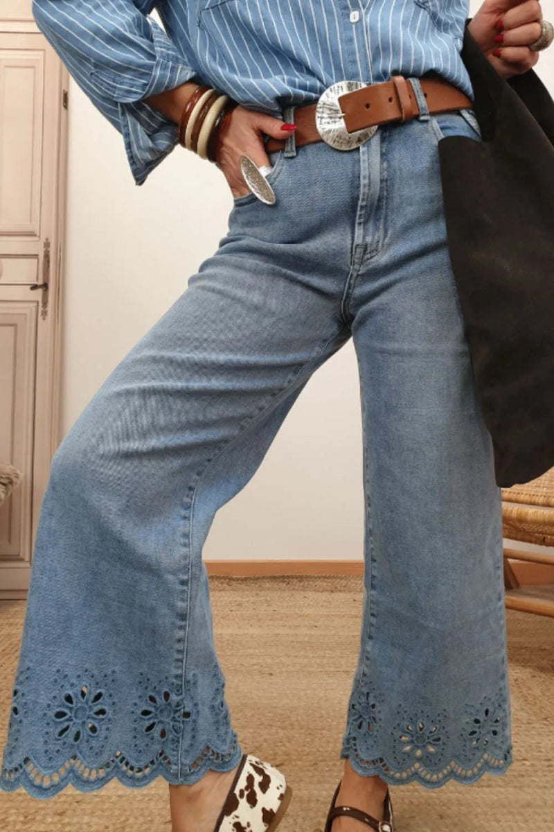 Lace Detail Cropped Wide Leg Jeans - CELIVINE