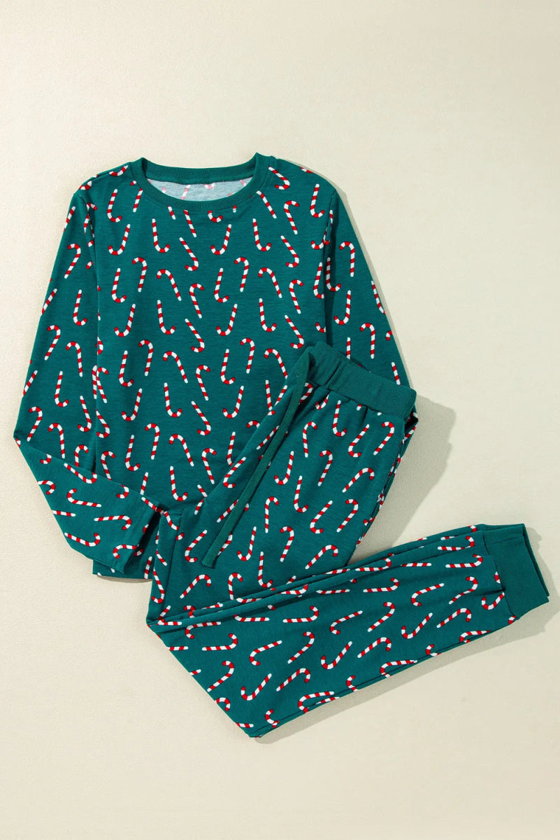 Candy Cane Print Round Neck Top and Pants Lounge Set - CELIVINE