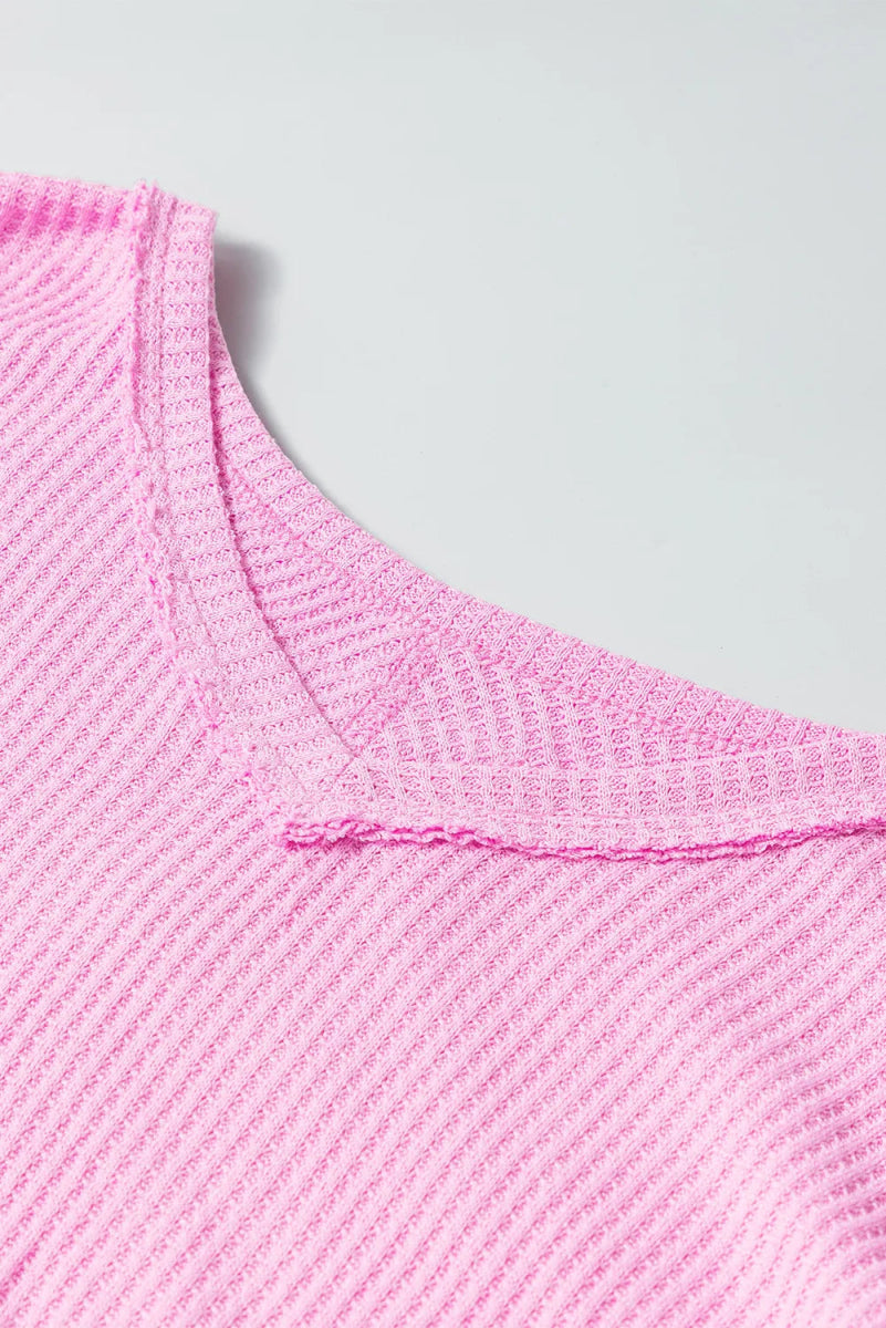 Waffle - Knit V - Neck Long Sleeve Blouse - CELIVINE