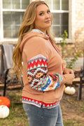 Plus Size Drawstring Geometric Long Sleeve Hoodie - CELIVINE