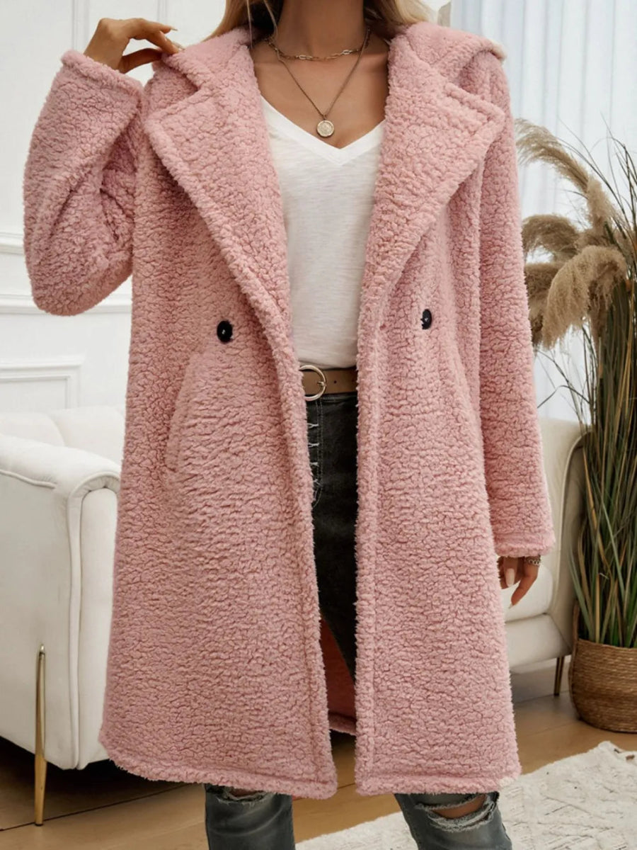 Devine Pocketed Long Sleeve Hooded Teddy Coat - CELIVINE