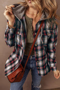 Drawstring Plaid Button Up Hooded Shacket - CELIVINE