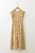 Floral Print Ruffle Cap Sleeve Smocked Flowy Dress - CELIVINE