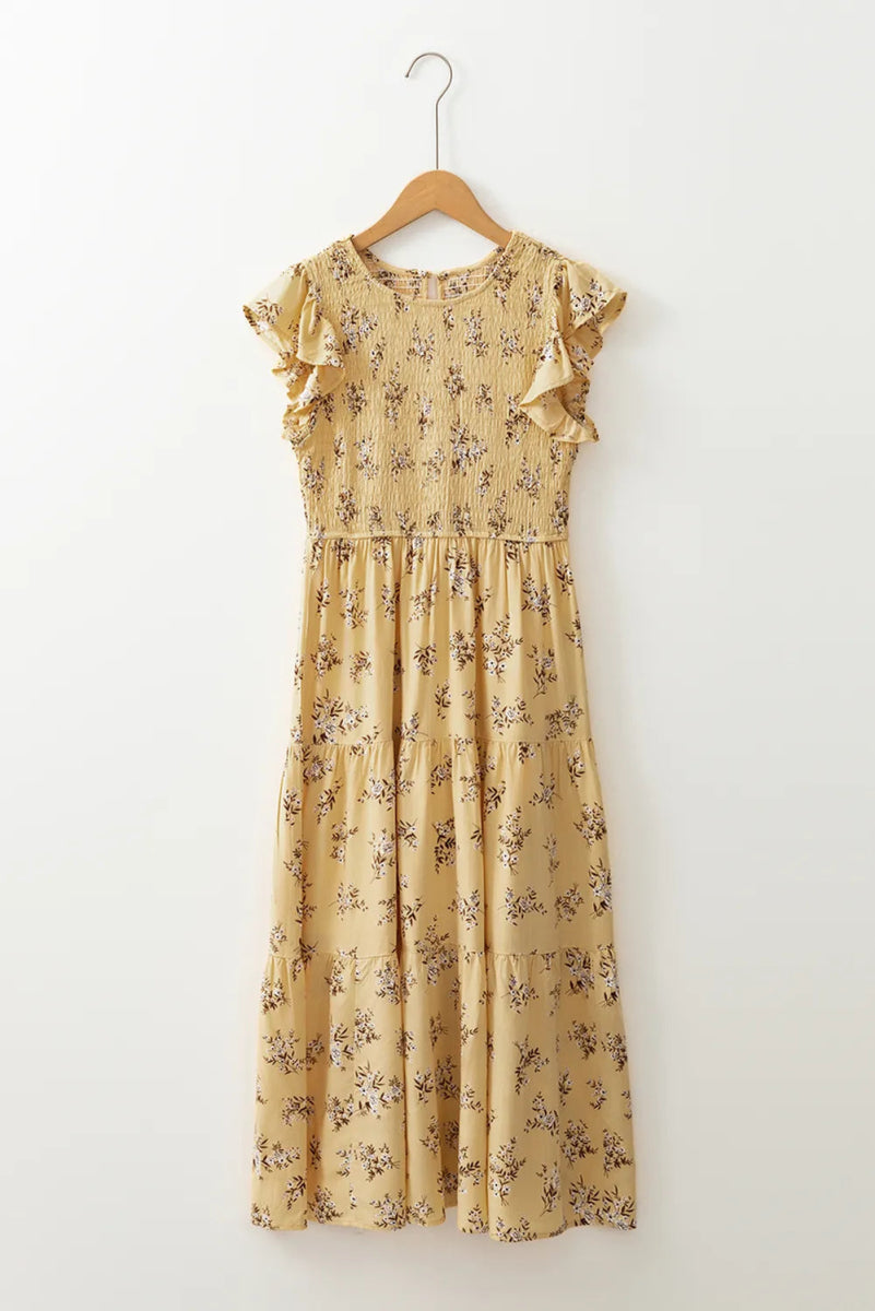 Floral Print Ruffle Cap Sleeve Smocked Flowy Dress - CELIVINE