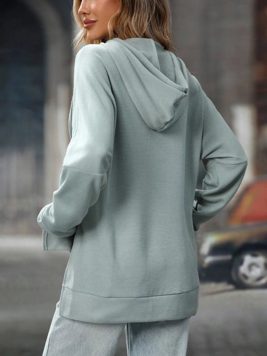 Textured Drawstring Long Sleeve Hoodie - CELIVINE
