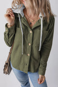 Drawstring Button Up Long Sleeve Hooded Jacket - CELIVINE