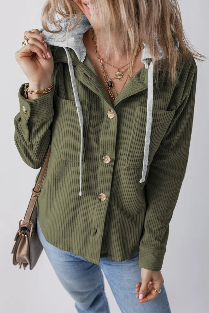 Drawstring Button Up Long Sleeve Hooded Jacket - CELIVINE