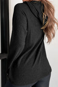 Waffle - Knit Button Up Drawstring Hoodie - CELIVINE