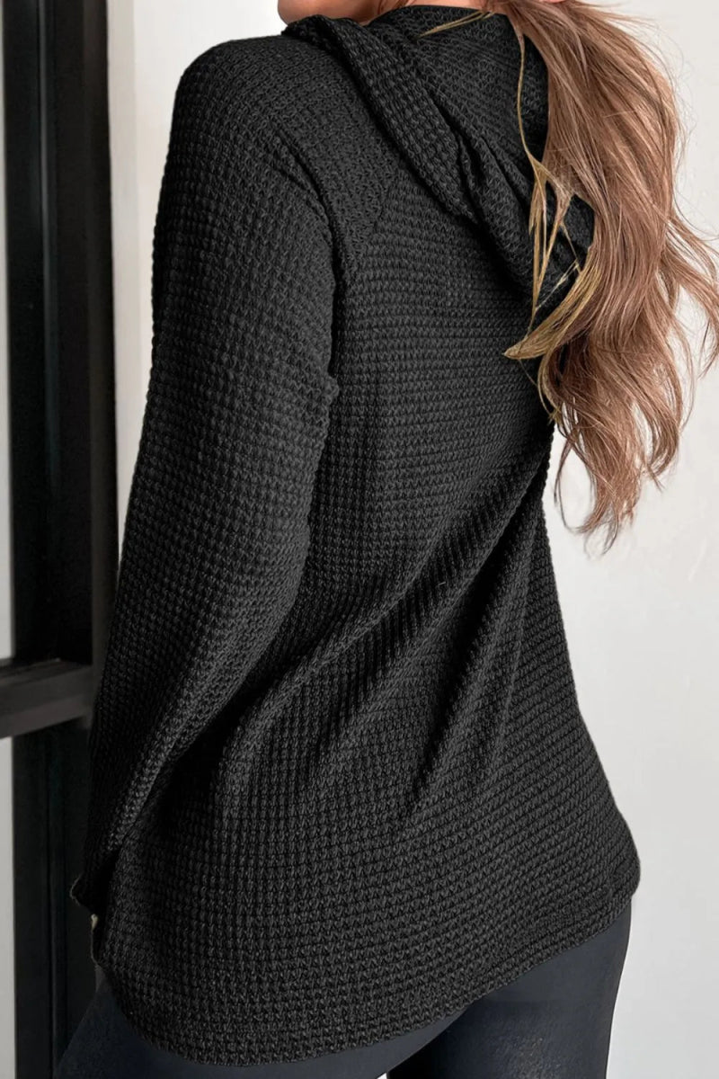 Waffle - Knit Button Up Drawstring Hoodie - CELIVINE