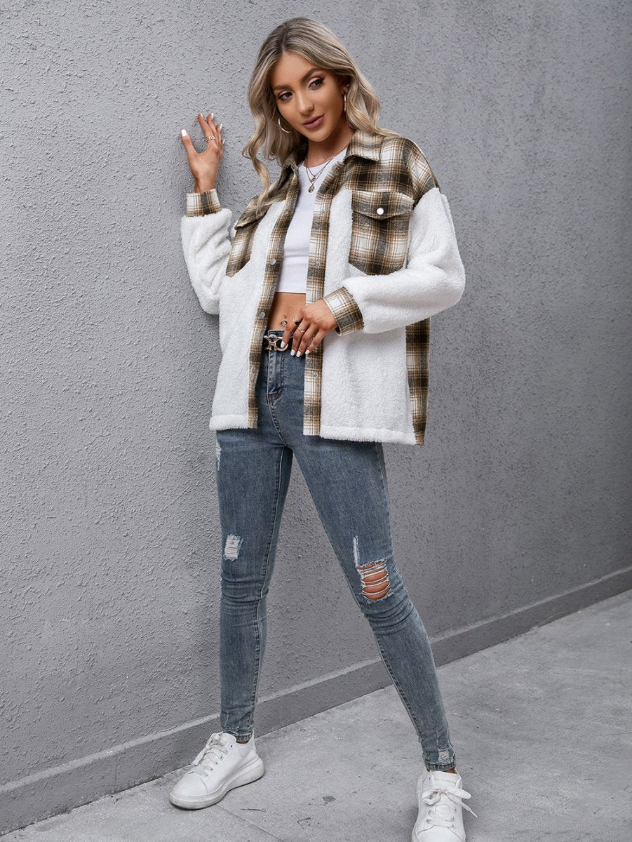 Plaid Collared Neck Button Down Jacket - CELIVINE