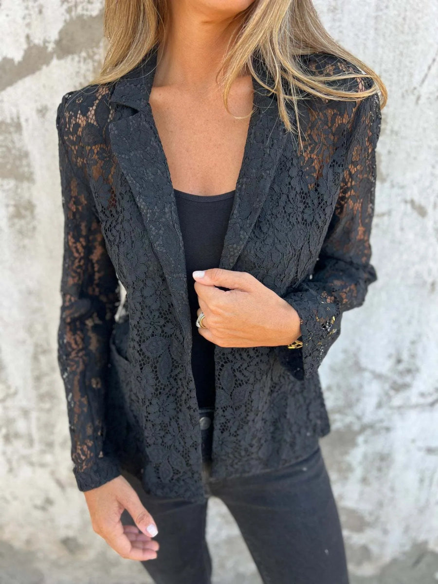 Full Size Lace Open - Front Blazer Plus Size - CELIVINE