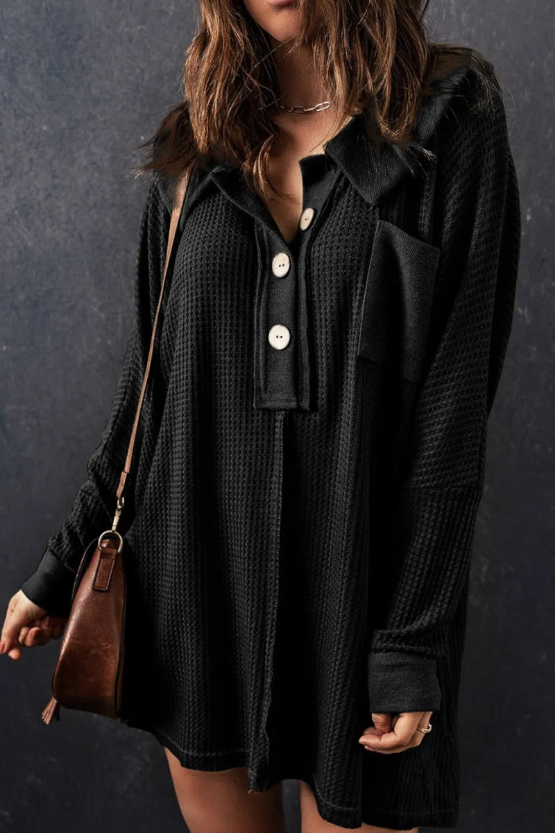 Waffle Knit Button Front Dress - CELIVINE