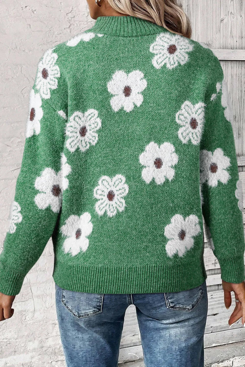 Flower Half Zip Long Sleeve Sweater - CELIVINE