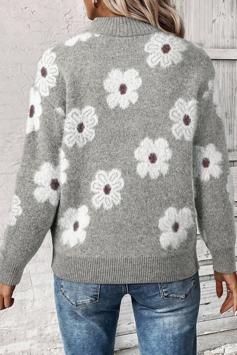 Flower Half Zip Long Sleeve Sweater - CELIVINE
