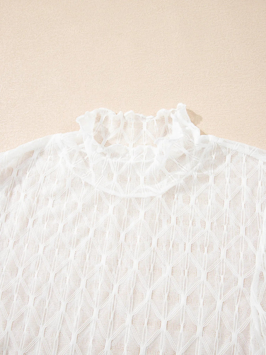 Sheer Mesh Patterned Lettuce Trim Slim Long Sleeve Top - CELIVINE
