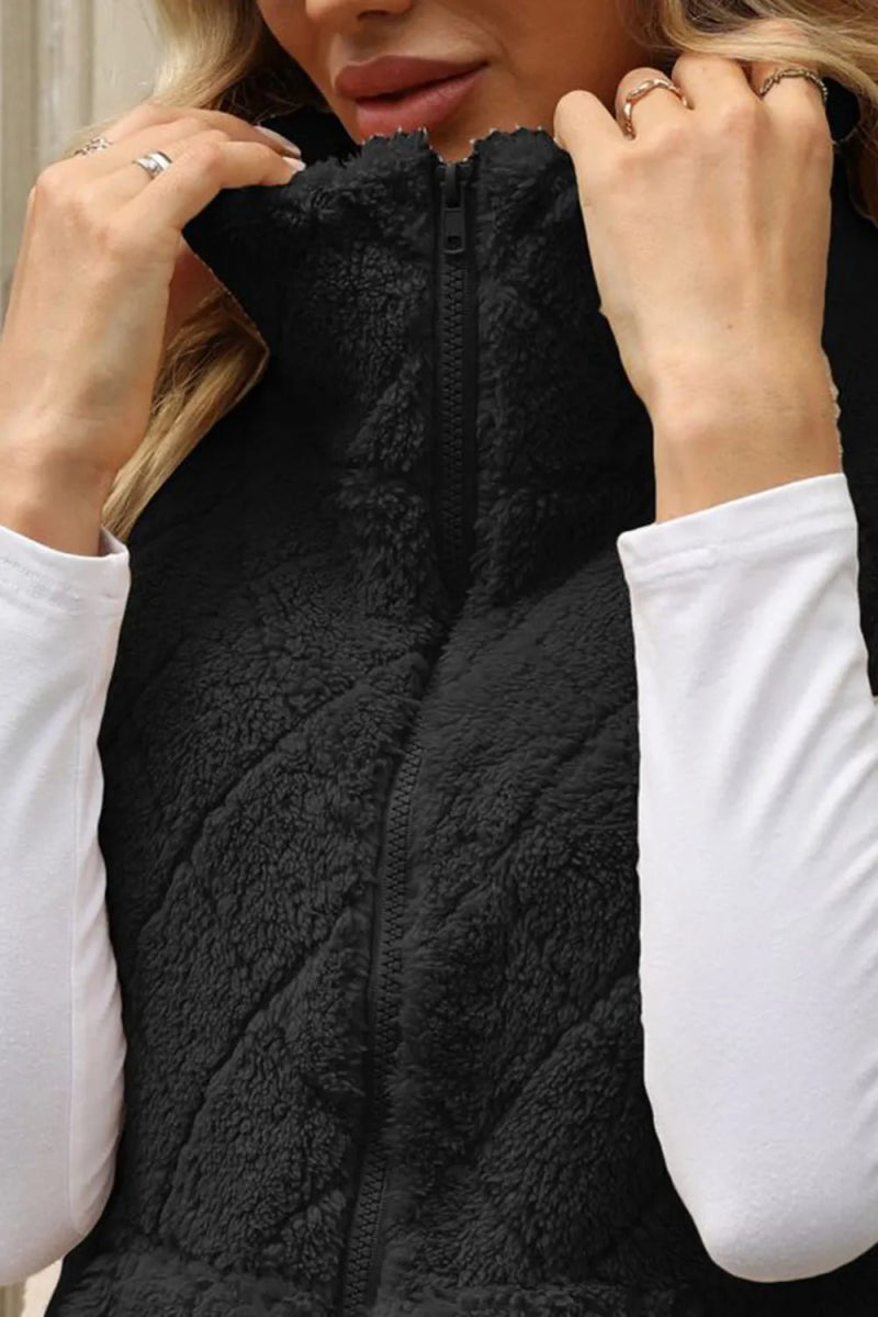 Fuzzy Plaid Texture Zip Up Vest Coat - CELIVINE