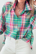 Plaid Collared Neck Three - Quarter Sleeve Shirt - CELIVINE
