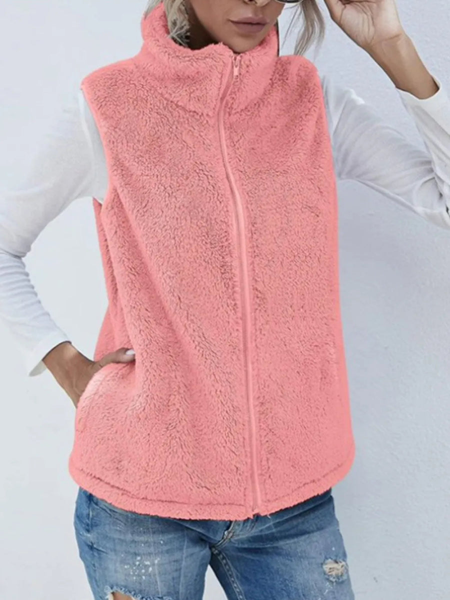 Full Size Fuzzy Zip Up Vest Coat with Pockets - CELIVINE