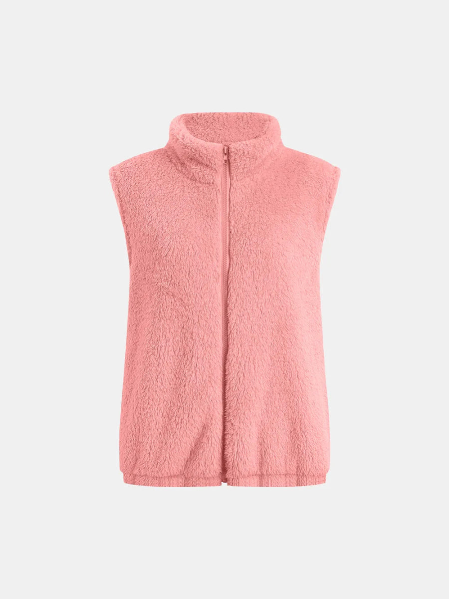 Full Size Fuzzy Zip Up Vest Coat with Pockets - CELIVINE