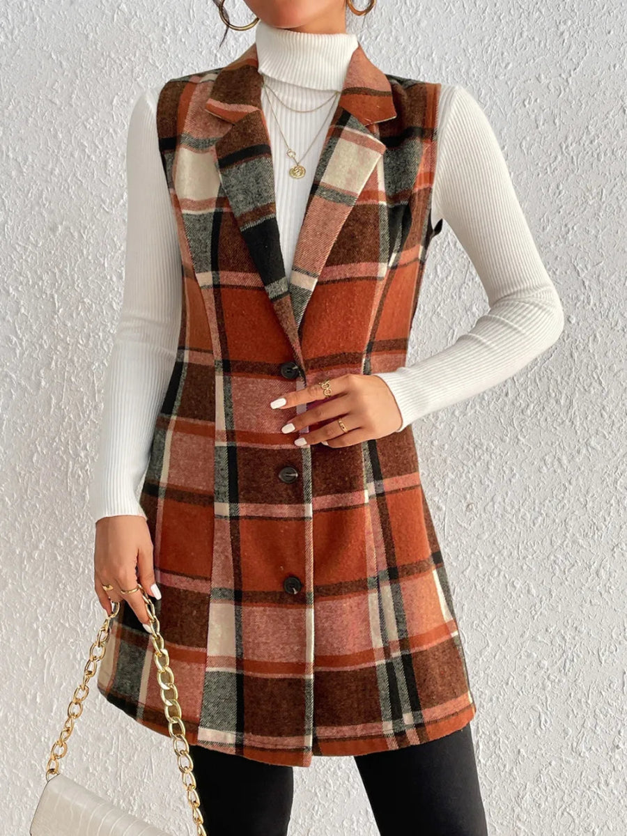 Honey Plaid Button Up Vest Coat - CELIVINE