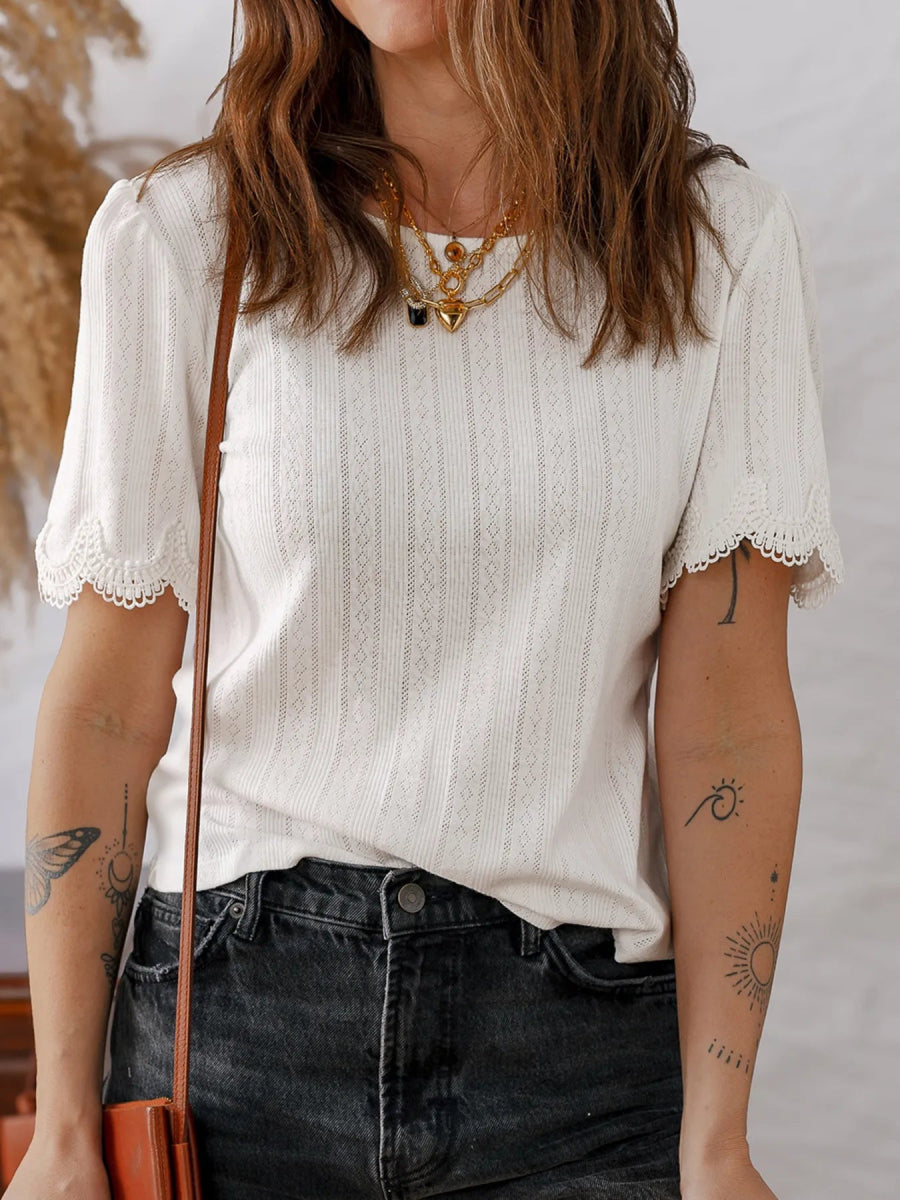 Scalloped Lace Trim Jacquard Textured T Shirt - CELIVINE