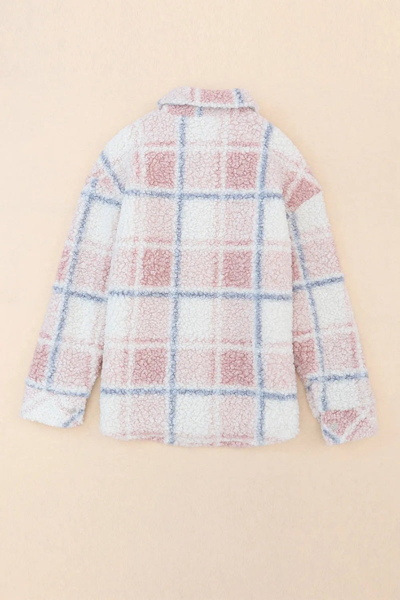 Plaid Button Up Collared Neck Sherpa Jacket - CELIVINE