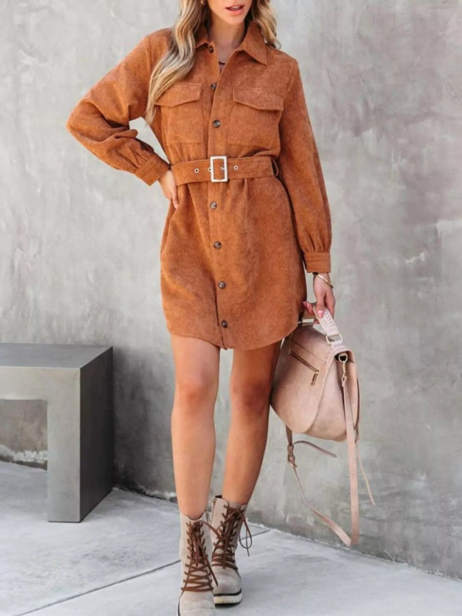 Button Front Belt Long Sleeve Corduroy Dress - CELIVINE