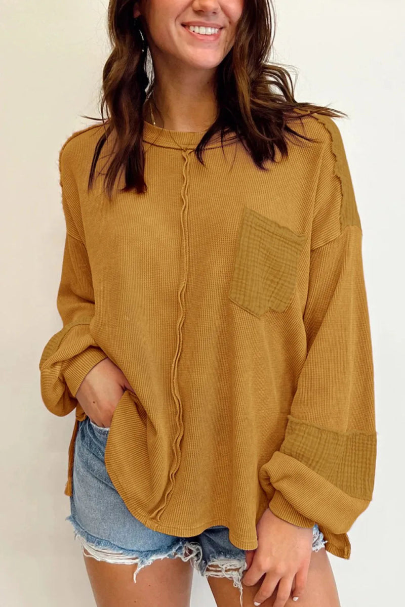 Exposed Seam Round Neck Long Sleeve Sweatshirt - CELIVINE