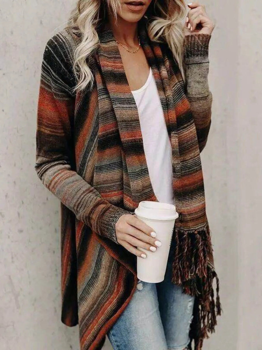 Fringe Long Sleeve Wrap Cardigan - CELIVINE