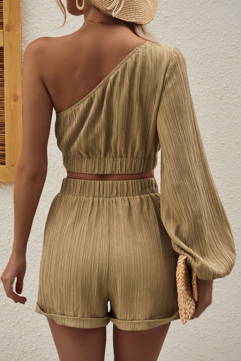 Honey One - Shoulder Balloon Sleeve Crop Top and Shorts Set - CELIVINE