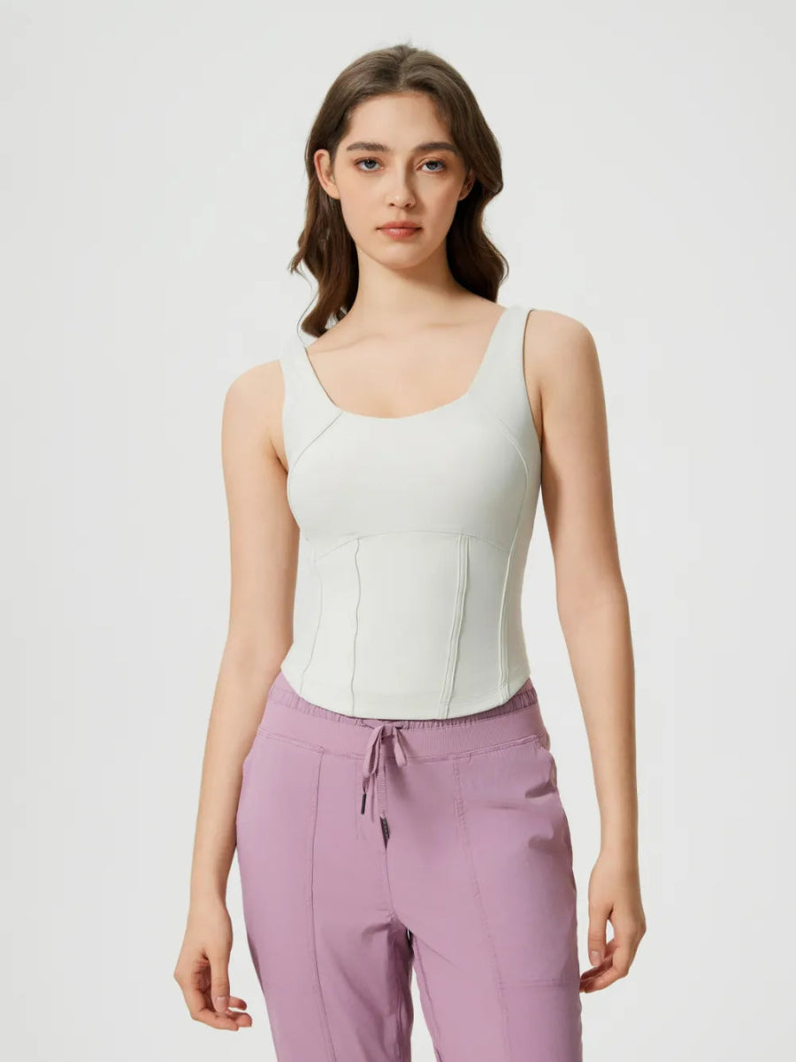 Round Neck Wide Strap Active Tank with Detachable Chest Pads - CELIVINE