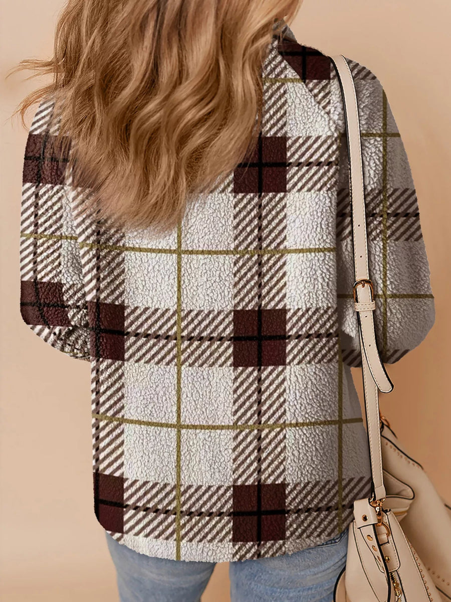 Plaid Buttoned Stand Collar Fleece Jacket - CELIVINE