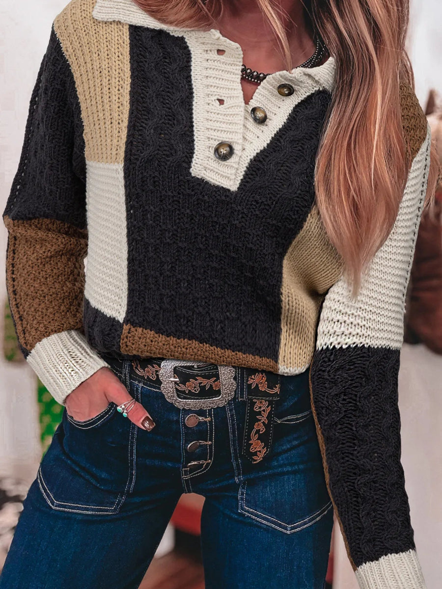 Multicolour Color Block Cable Knit Sleeve Buttons Collared Sweater - CELIVINE