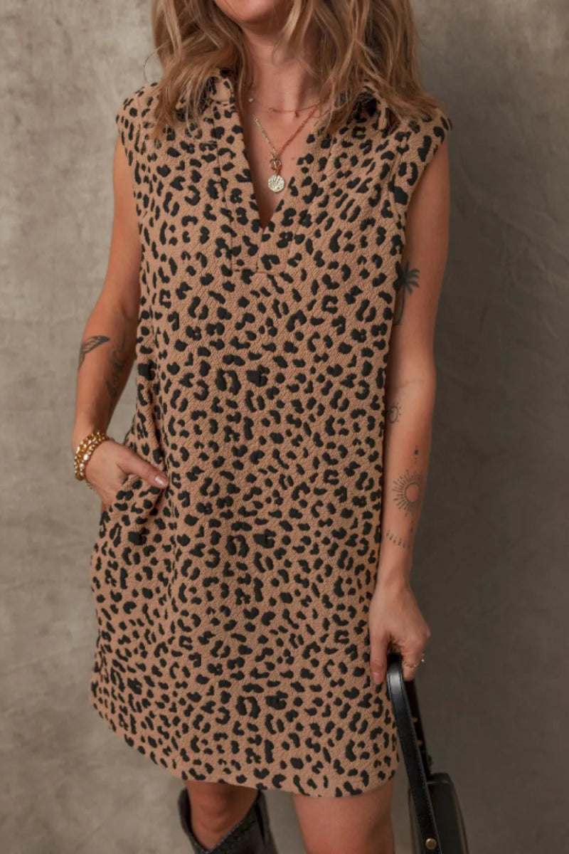 Leopard Johnny Collar Sleeveless Mini Dress - CELIVINE