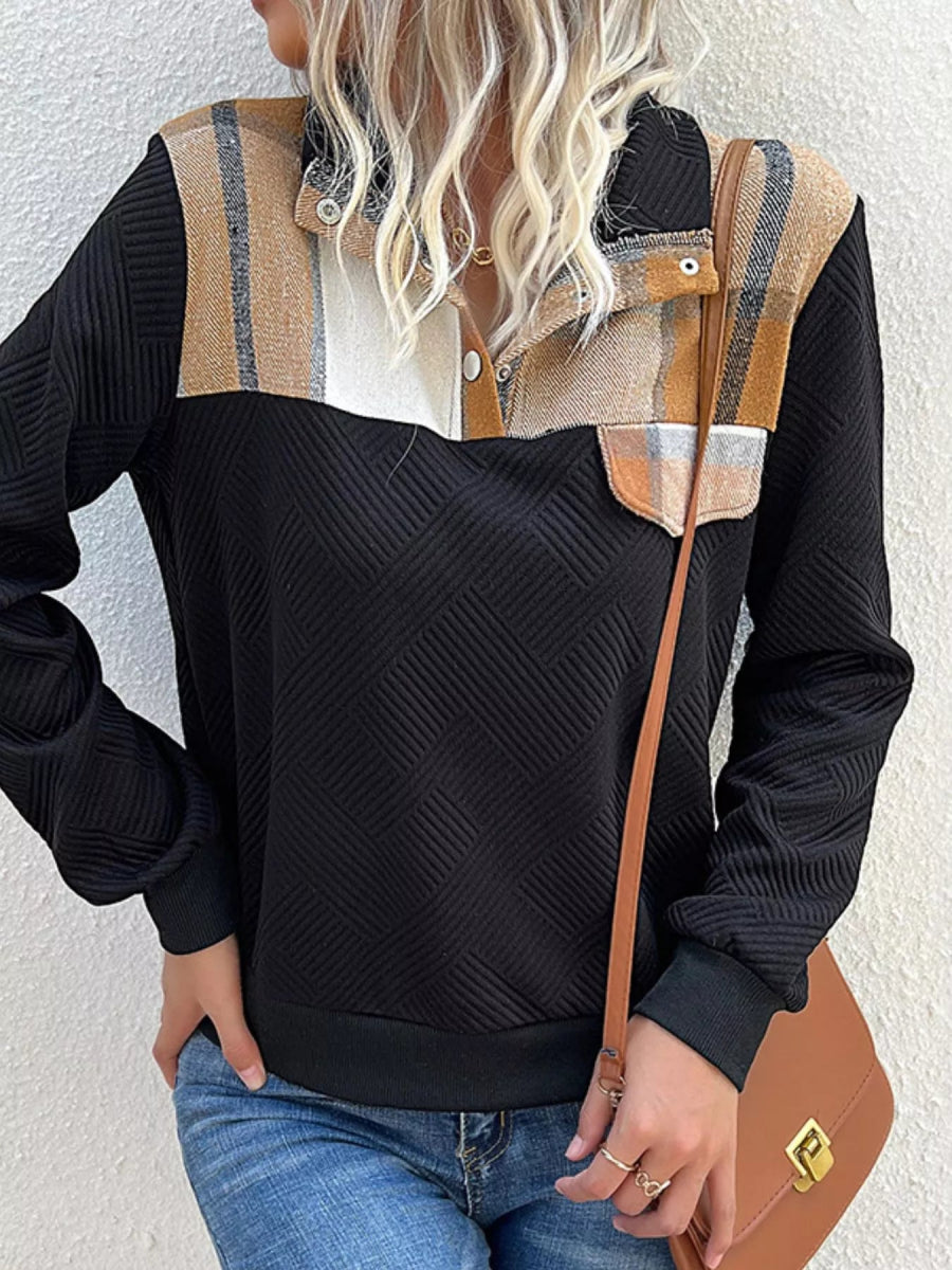 Color Block Texture Long Sleeve Sweatshirt - CELIVINE