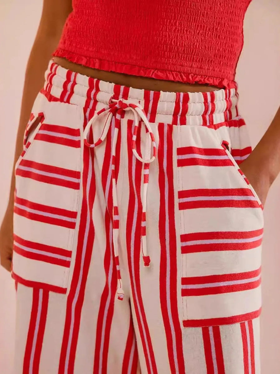 Striped Wide - Leg Drawstring Pants - CELIVINE
