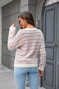Plaid Round Neck Long Sleeve Pullover Sweater - CELIVINE