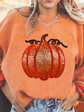 Halloween Sequined Pumpkin Ribbed Round Neck Sweatshirt - CELIVINE