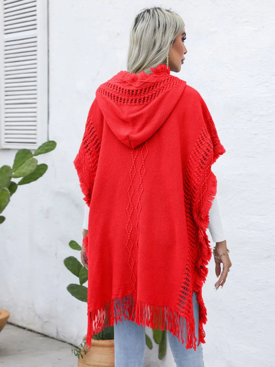 Fringe Trim Buttoned Hooded Poncho - CELIVINE