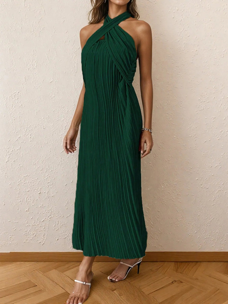 Pleated Halter Neck Midi Dress - CELIVINE
