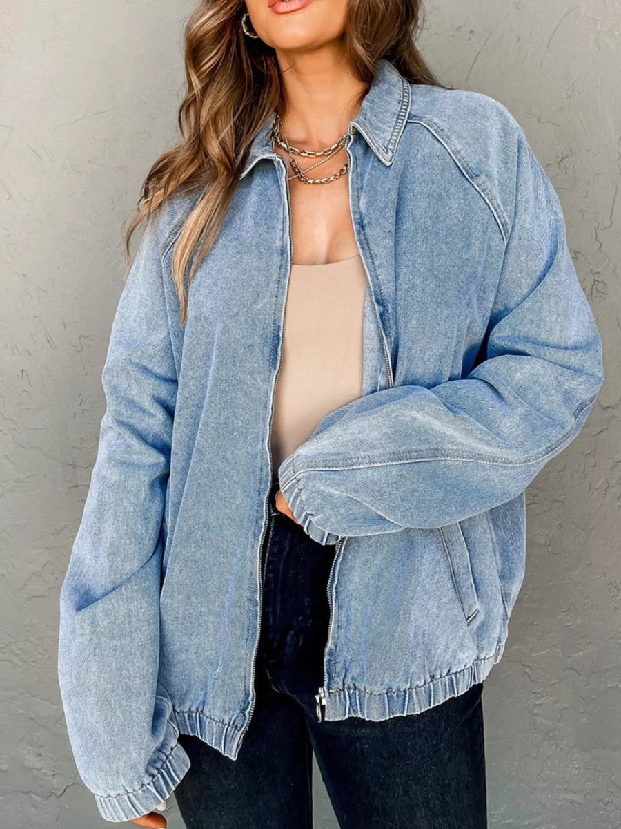 Elastic Edge Collared Zip Up Denim Jacket With Pocket - CELIVINE